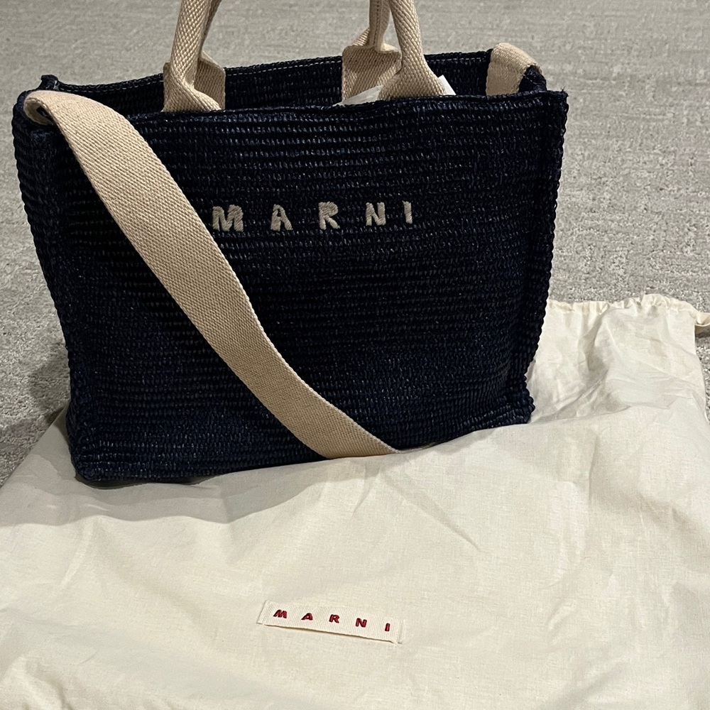 Marni Small raffia Basketweave Tote Navy